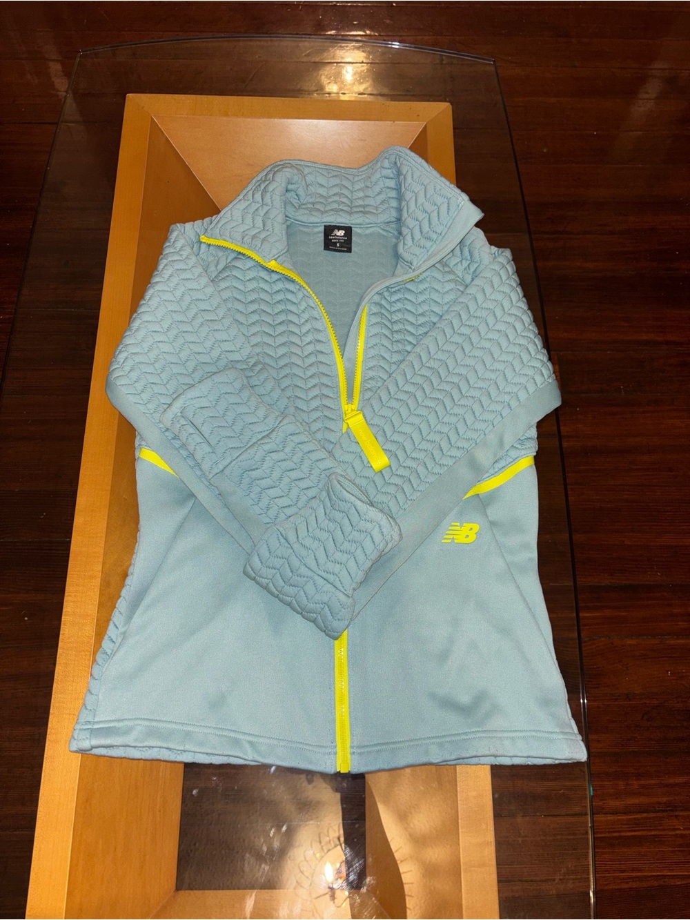 New Balance Light Blue Quilted Kids' Jacket with Neon Yellow Trim